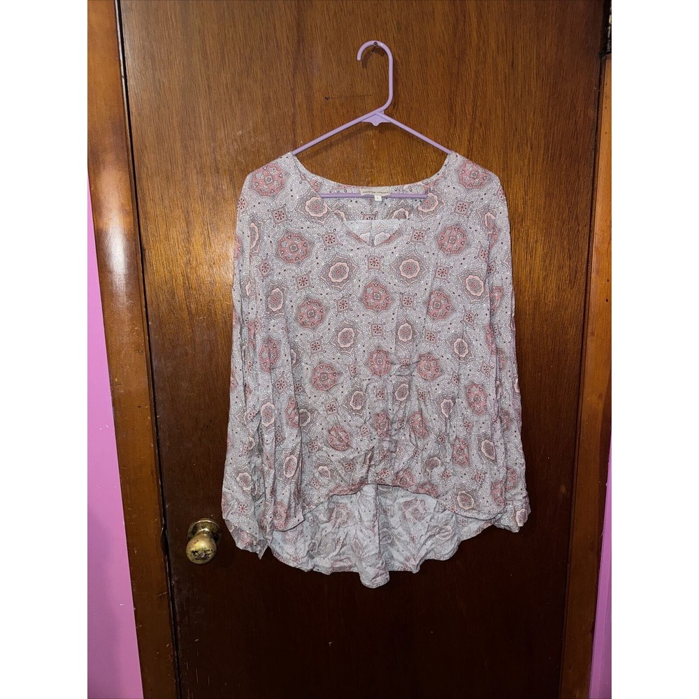 Adrienne Vittadini Womens Gray V-neck Paisley Blouse Size Large